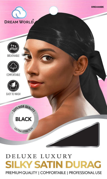 Dream World Deluxe Luxury Silky Satin Durag – Black (DRE400BK) - ANNS BEAUTY SUPPLY